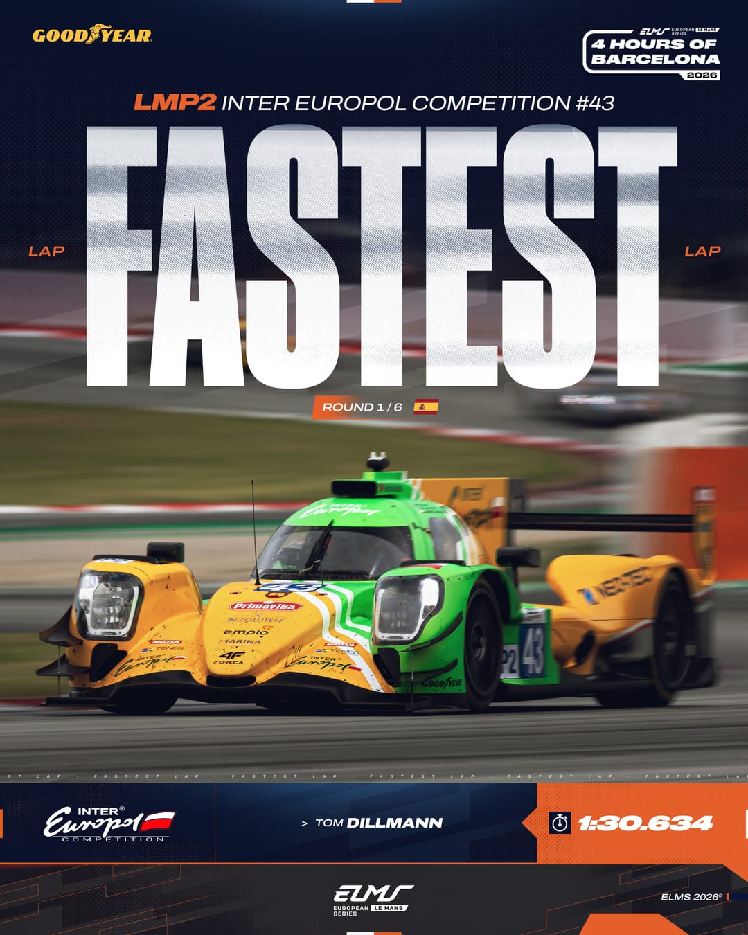 Fastest in Barcelona: @tomdillmann. 👊 At the wheel of the No.43 Inter Europol Competition car, the F